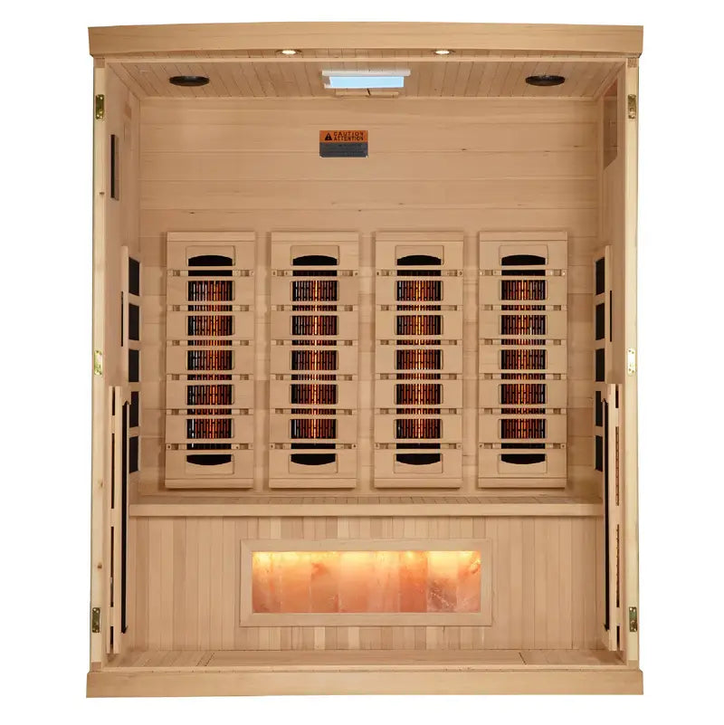 golden designs 4 person infrared sauna gdi-8040-03 exterior front view

interior canadian hemlock 4 person infrared sauna bench and salt bar

infrared heating panels inside golden designs full spectrum sauna near zero emf

chromotherapy lighting and tempered glass door golden designs 4 person infrared sauna
