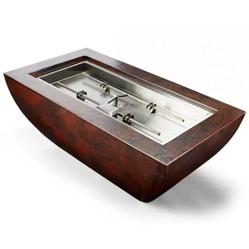 hpc fire phoenix copper fire bowl 47x25 exterior view

hpc fire phoenix hammered copper rectangular fire bowl flame at night

hpc fire phoenix fire bowl patio setup 30 inch h-burner close-up

hpc fire phoenix copper fire bowl stainless steel burner interior detail