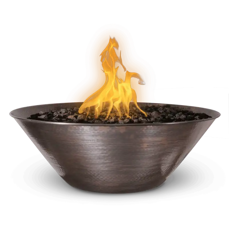 the outdoor plus remi 31 inch hammered patina copper fire bowl exterior view

the outdoor plus remi copper fire bowl round fire pit night flame

the outdoor plus remi fire bowl patio setup with lava rock burner

the outdoor plus remi copper fire bowl close-up stainless steel burner and copper bowl detail