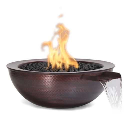 the outdoor plus sedona 27 inch copper fire and water bowl exterior view

the outdoor plus sedona hammered copper fire water bowl lit on patio night

the outdoor plus sedona fire water bowl poolside setup with flame and water spillway

the outdoor plus sedona copper fire bowl stainless steel burner close-up