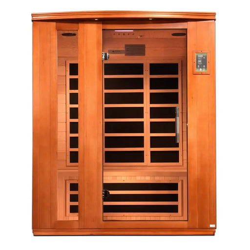 golden designs lugano 3 person infrared sauna exterior front view

interior canadian hemlock benches and infrared heating panels inside lugano sauna

carbon low emf infrared panels golden designs lugano sauna

chromotherapy lighting and tempered glass door golden designs lugano indoor sauna
