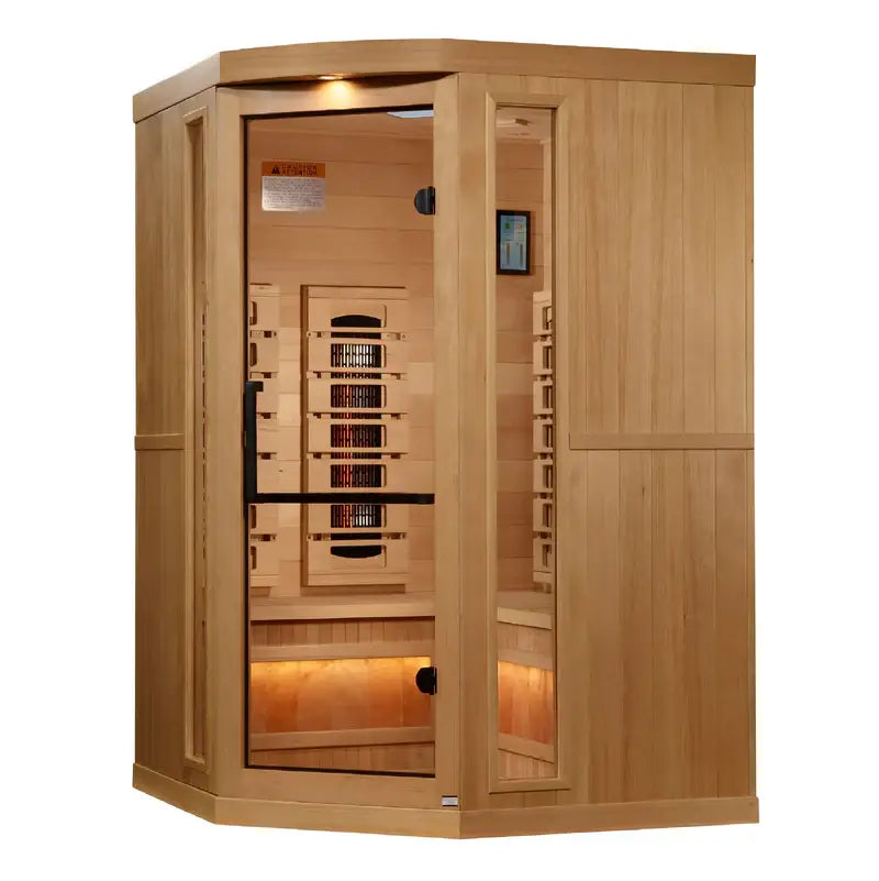 golden designs gdi-8035-03 3 person infrared sauna exterior front view

interior canadian hemlock bench and salt bar golden designs 3 person infrared sauna

infrared heating panels inside golden designs gdi-8035-03 near zero emf

chromotherapy lighting and tempered glass door golden designs 3 person infrared sauna with salt bar