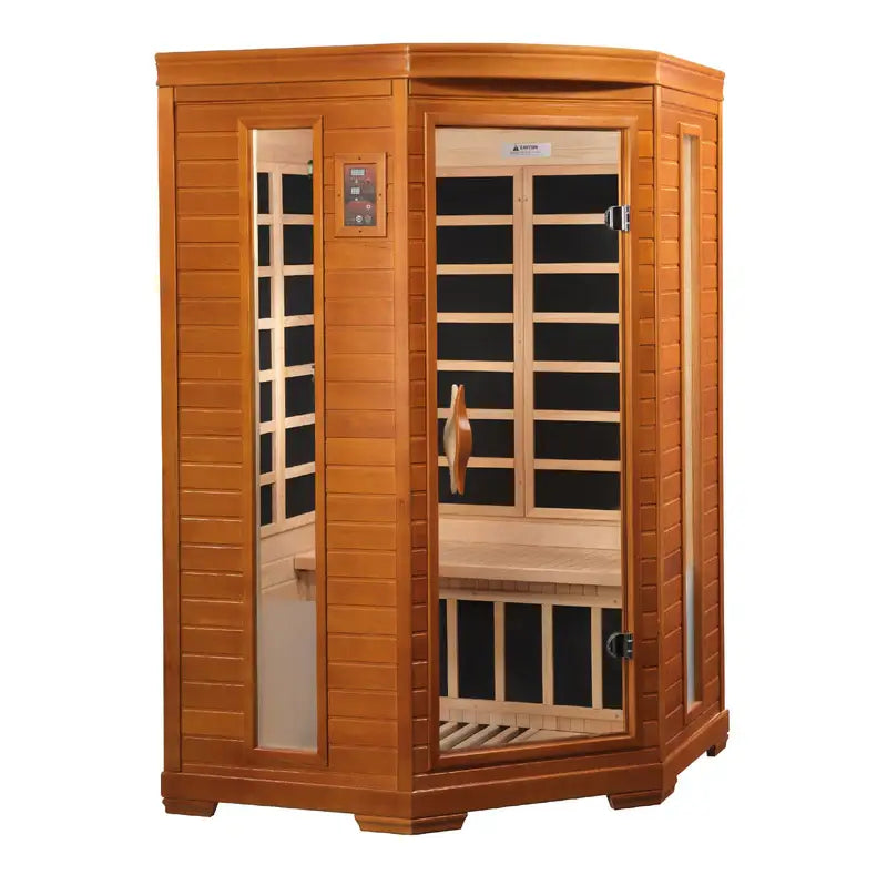 golden designs heming elite 2 person infrared sauna corner exterior

interior canadian hemlock bench and infrared panels golden designs heming elite sauna

ultra low emf carbon infrared panels inside heming elite sauna

chromotherapy lighting and tempered glass door golden designs heming elite indoor sauna