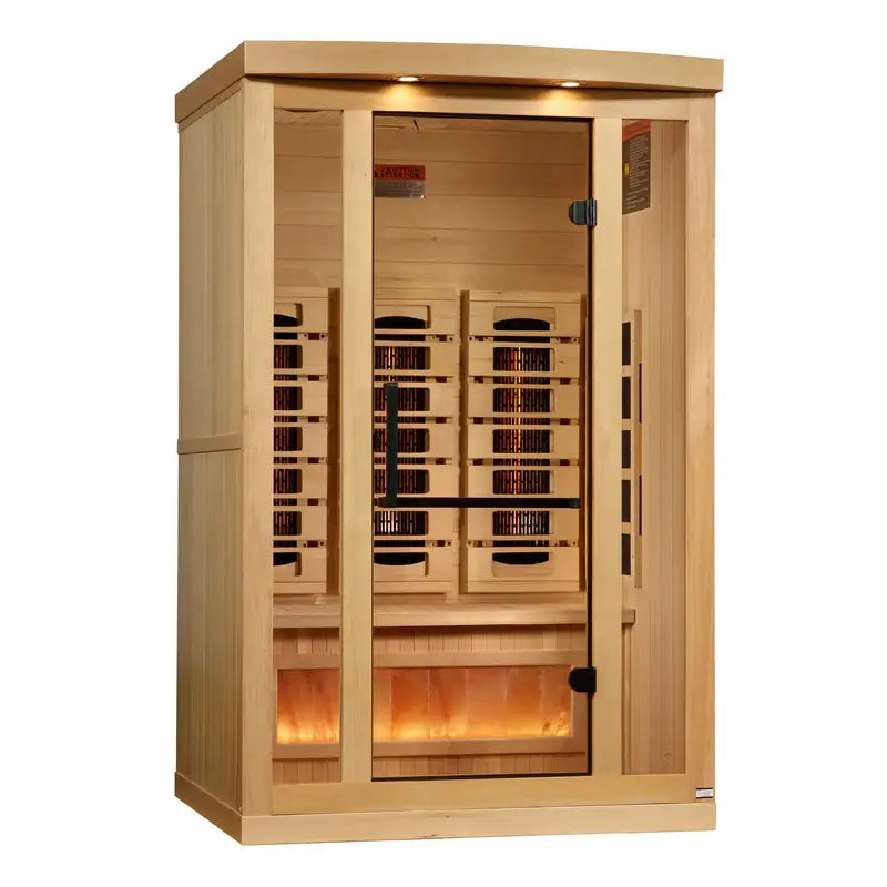 golden designs gdi-8020-03 2 person infrared sauna exterior front view

interior canadian hemlock golden designs 2 person infrared sauna bench and salt bar

infrared panels inside golden designs gdi-8020-03 near zero emf

chromotherapy lighting and bluetooth stereo golden designs reserve edition sauna