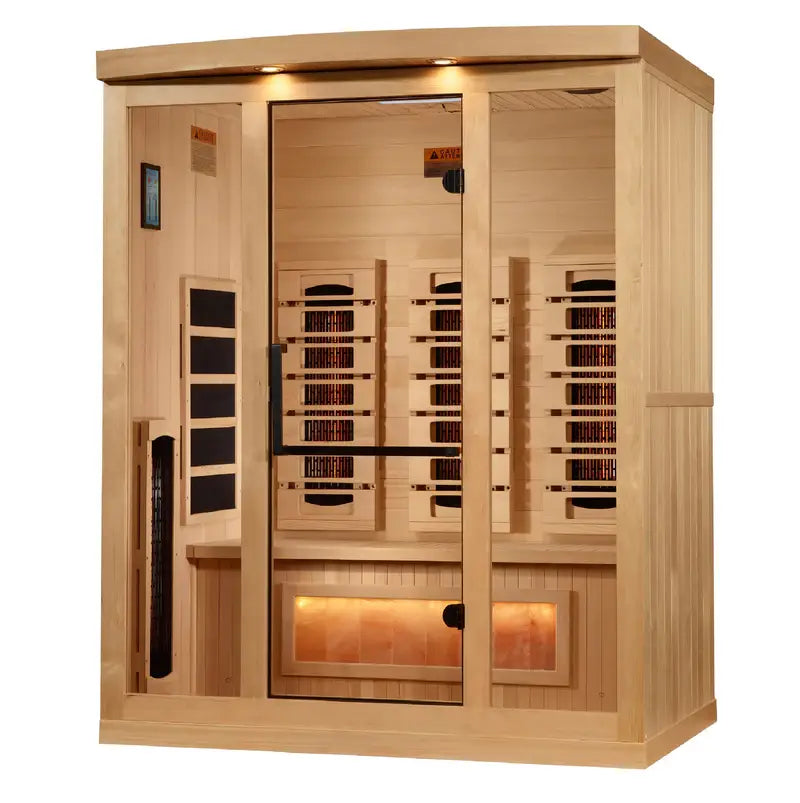 golden designs gdi-8030-03 3 person infrared sauna exterior front view

interior canadian hemlock bench and salt bar golden designs 3 person infrared sauna

infrared panels inside golden designs gdi-8030-03 full spectrum sauna near zero emf

chromotherapy lighting and glass door golden designs 3 person infrared sauna with salt bar