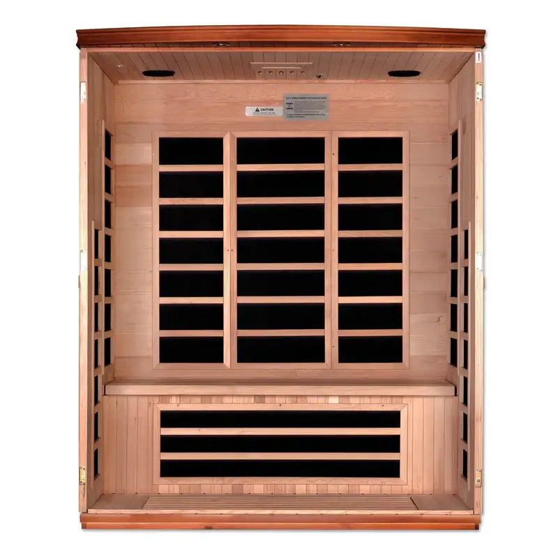 golden designs lugano 3 person infrared sauna exterior front view

interior canadian hemlock benches and infrared heating panels inside lugano sauna

carbon low emf infrared panels golden designs lugano sauna

chromotherapy lighting and tempered glass door golden designs lugano indoor sauna