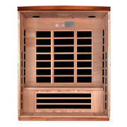 golden designs lugano 3 person infrared sauna exterior front view

interior canadian hemlock benches and infrared heating panels inside lugano sauna

carbon low emf infrared panels golden designs lugano sauna

chromotherapy lighting and tempered glass door golden designs lugano indoor sauna