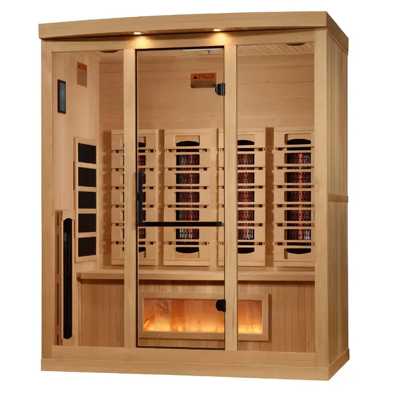 golden designs 4 person infrared sauna gdi-8040-03 exterior front view

interior canadian hemlock 4 person infrared sauna bench and salt bar

infrared heating panels inside golden designs full spectrum sauna near zero emf

chromotherapy lighting and tempered glass door golden designs 4 person infrared sauna