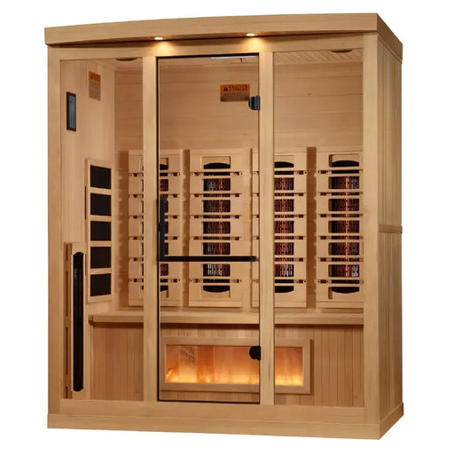 golden designs 4 person infrared sauna gdi-8040-03 exterior front view

interior canadian hemlock 4 person infrared sauna bench and salt bar

infrared heating panels inside golden designs full spectrum sauna near zero emf

chromotherapy lighting and tempered glass door golden designs 4 person infrared sauna