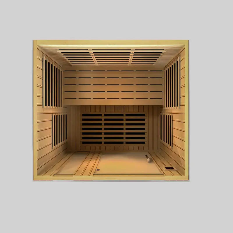 golden designs lugano 3 person infrared sauna exterior front view

interior canadian hemlock benches and infrared heating panels inside lugano sauna

carbon low emf infrared panels golden designs lugano sauna

chromotherapy lighting and tempered glass door golden designs lugano indoor sauna