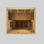golden designs lugano 3 person infrared sauna exterior front view

interior canadian hemlock benches and infrared heating panels inside lugano sauna

carbon low emf infrared panels golden designs lugano sauna

chromotherapy lighting and tempered glass door golden designs lugano indoor sauna