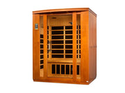 golden designs bellagio 3 person infrared sauna exterior front view

interior canadian hemlock bench and infrared heating panels inside bellagio sauna

carbon far infrared panels golden designs bellagio sauna near zero emf

chromotherapy lighting and tempered glass door golden designs bellagio indoor sauna