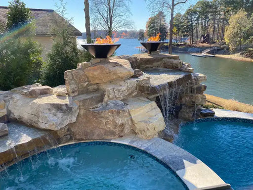 the outdoor plus cazo copper fire and water bowl exterior view

the outdoor plus cazo hammered copper round fire bowl with water spillway

the outdoor plus cazo fire and water bowl patio night flame and water feature

the outdoor plus cazo copper fire bowl stainless steel burner close-up