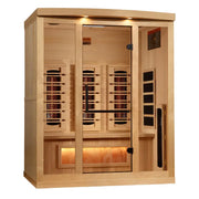 golden designs gdi-8030-03 3 person infrared sauna exterior front view

interior canadian hemlock bench and salt bar golden designs 3 person infrared sauna

infrared panels inside golden designs gdi-8030-03 full spectrum sauna near zero emf

chromotherapy lighting and glass door golden designs 3 person infrared sauna with salt bar