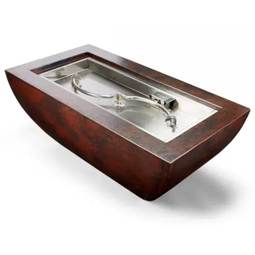 hpc fire phoenix copper fire bowl 47x25 exterior view

hpc fire phoenix hammered copper rectangular fire bowl flame at night

hpc fire phoenix fire bowl patio setup 30 inch h-burner close-up

hpc fire phoenix copper fire bowl stainless steel burner interior detail