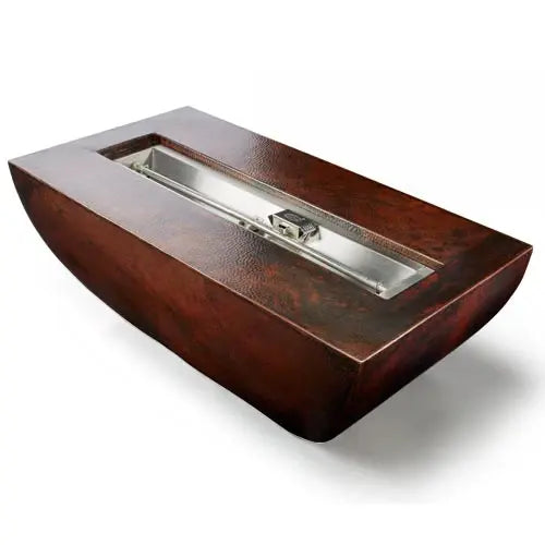 hpc fire phoenix copper fire bowl 47x25 exterior view

hpc fire phoenix hammered copper rectangular fire bowl flame at night

hpc fire phoenix fire bowl patio setup 30 inch h-burner close-up

hpc fire phoenix copper fire bowl stainless steel burner interior detail