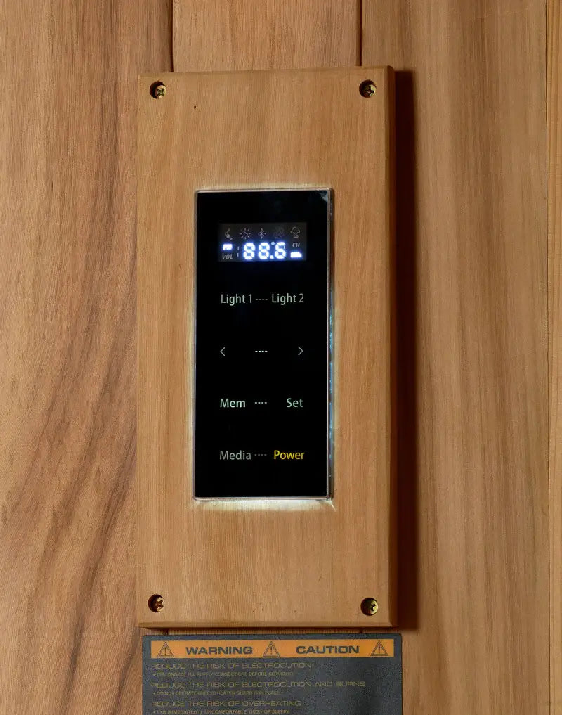 golden designs copenhagen 3 person traditional sauna exterior front view

interior canadian red cedar benches and stove of copenhagen sauna

tempered glass door golden designs copenhagen sauna

galaxy star ceiling lighting and wood interior golden designs copenhagen sauna
