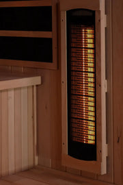 golden designs 4 person infrared sauna gdi-8040-03 exterior front view

interior canadian hemlock 4 person infrared sauna bench and salt bar

infrared heating panels inside golden designs full spectrum sauna near zero emf

chromotherapy lighting and tempered glass door golden designs 4 person infrared sauna