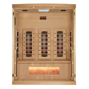 golden designs gdi-8030-03 3 person infrared sauna exterior front view

interior canadian hemlock bench and salt bar golden designs 3 person infrared sauna

infrared panels inside golden designs gdi-8030-03 full spectrum sauna near zero emf

chromotherapy lighting and glass door golden designs 3 person infrared sauna with salt bar