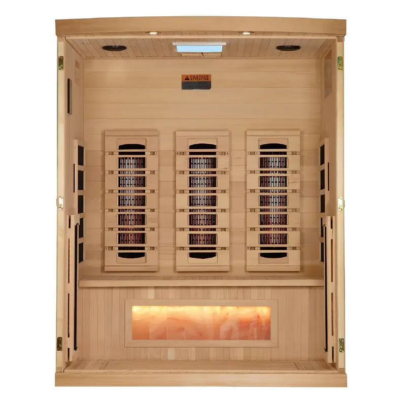 golden designs gdi-8030-03 3 person infrared sauna exterior front view

interior canadian hemlock bench and salt bar golden designs 3 person infrared sauna

infrared panels inside golden designs gdi-8030-03 full spectrum sauna near zero emf

chromotherapy lighting and glass door golden designs 3 person infrared sauna with salt bar