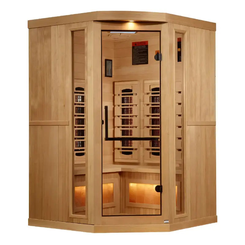 golden designs gdi-8035-03 3 person infrared sauna exterior front view

interior canadian hemlock bench and salt bar golden designs 3 person infrared sauna

infrared heating panels inside golden designs gdi-8035-03 near zero emf

chromotherapy lighting and tempered glass door golden designs 3 person infrared sauna with salt bar