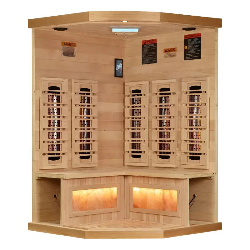 golden designs gdi-8035-03 3 person infrared sauna exterior front view

interior canadian hemlock bench and salt bar golden designs 3 person infrared sauna

infrared heating panels inside golden designs gdi-8035-03 near zero emf

chromotherapy lighting and tempered glass door golden designs 3 person infrared sauna with salt bar
